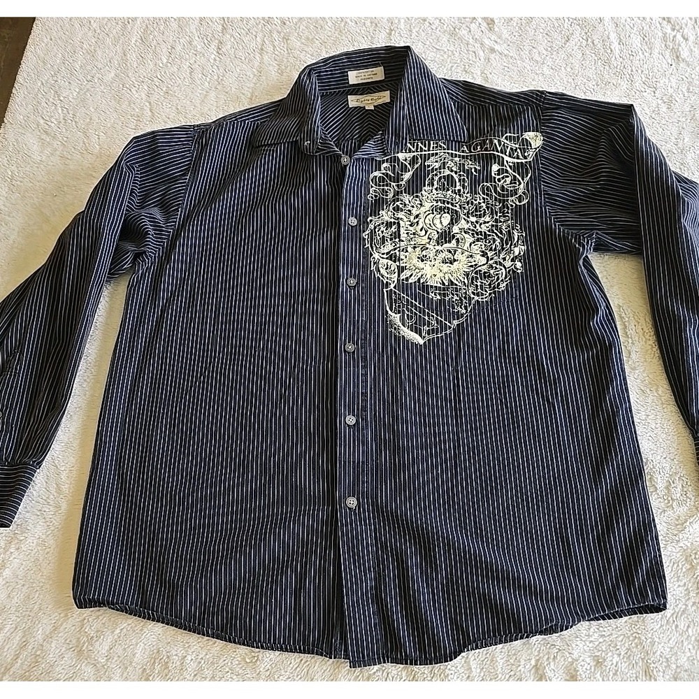 Eighty-Eight Shirt Button-Front Stripe Design Black White Graphic On‎ Chest Sz L